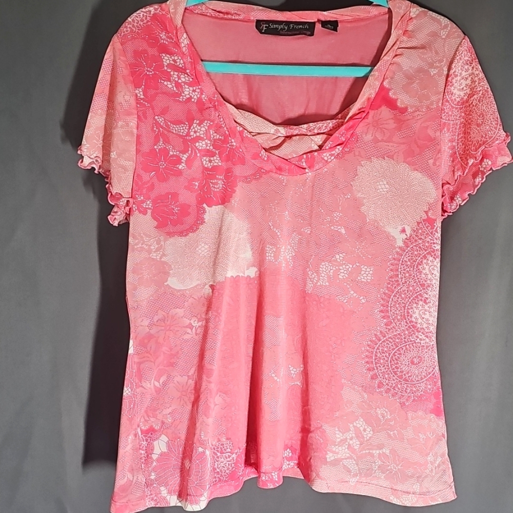 Simply French Sz XL Blouse Pink Floral Lined Watercolor Short Sleeve Stretch I22